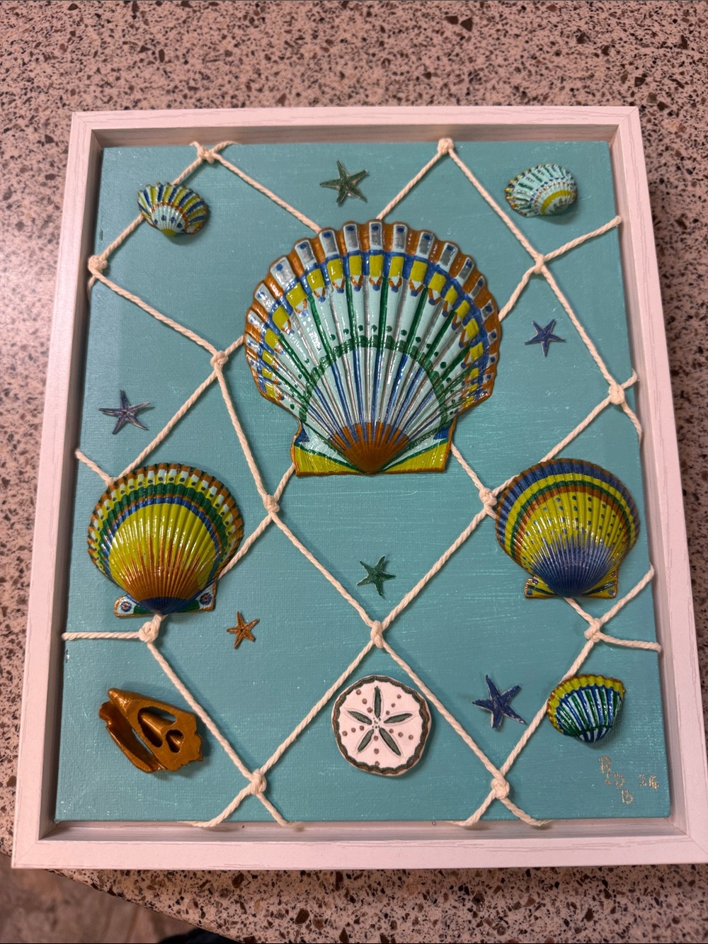 Seashell Wall Art Plaque in Aqua and Yellow